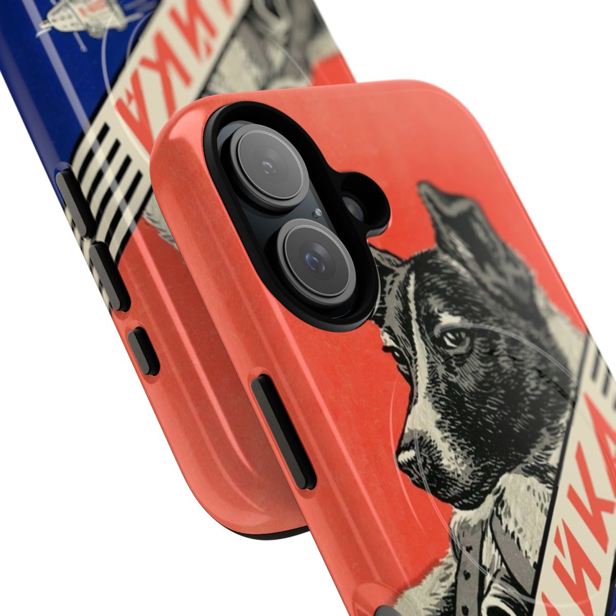 Magnetic phone case featuring vintage Soviet space exploration art with Laika the space dog. - Detail