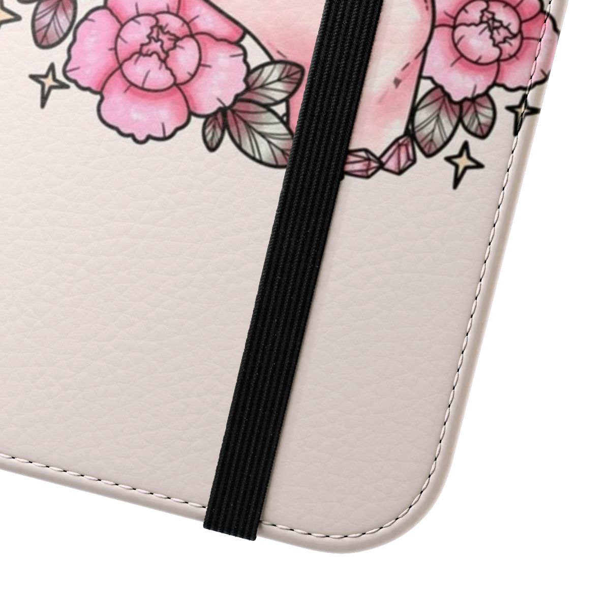 A pink phone case with a floral and crystal design - Close Up