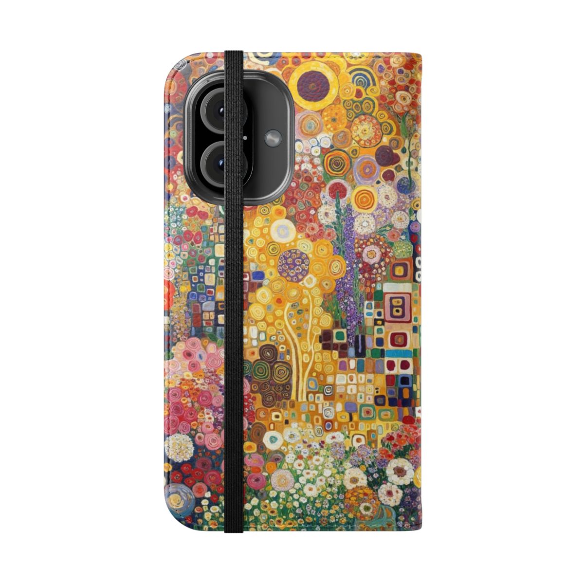 A flip cover phone case featuring a vintage floral design inspired by the art of Gustav Klimt. - Folded Front