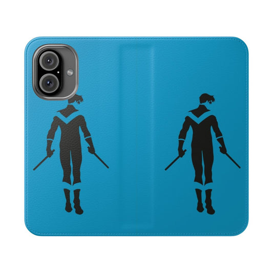 Stylized black and white image of Nightwing's logo on a phone case