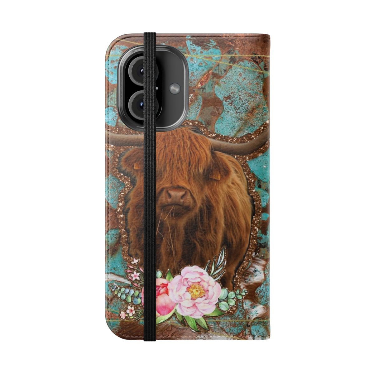 Turquoise and cowhide flip cover phone case featuring a highland cow and roses design - Folded Front