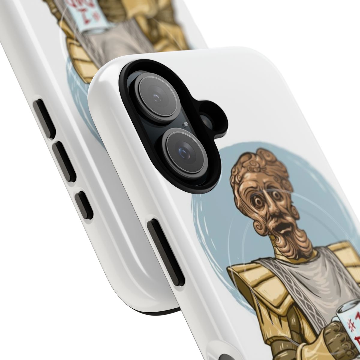 A dark colored magnetic phone case with the "Giant Dad" meme from the video game Dark Souls - Detail