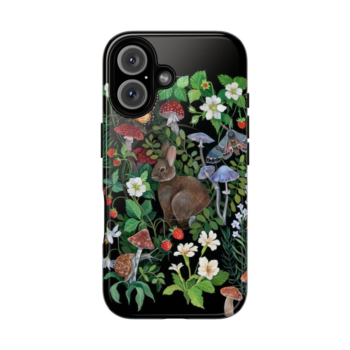 Whimsical phone case featuring a rabbit, strawberries, and other nature elements