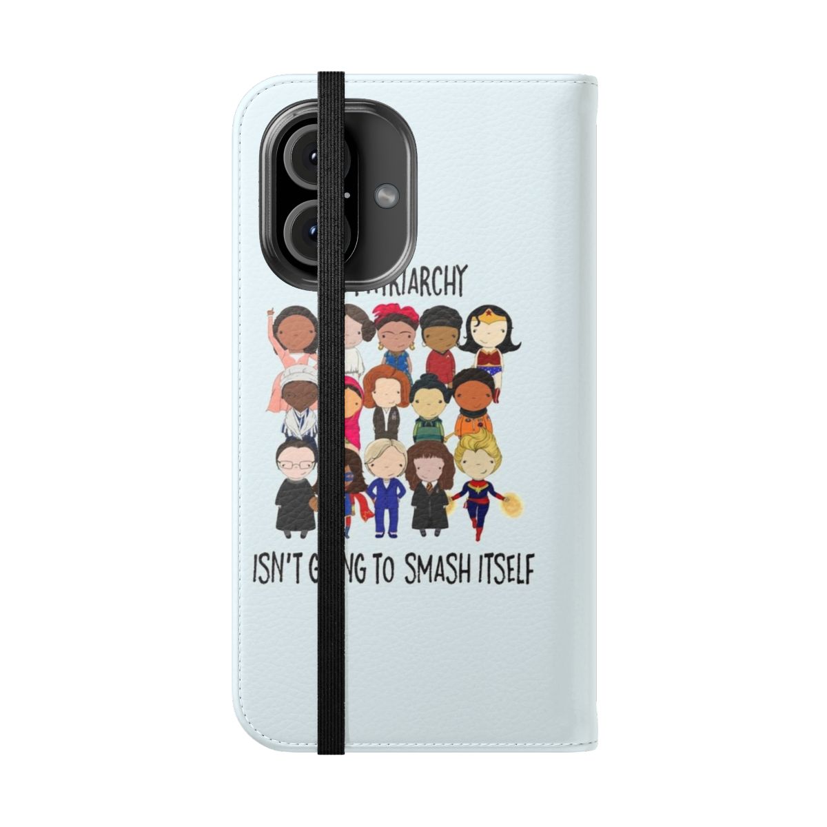 Flip phone case with "Smash the Patriarchy" design, featuring images of influential women. - Folded Front