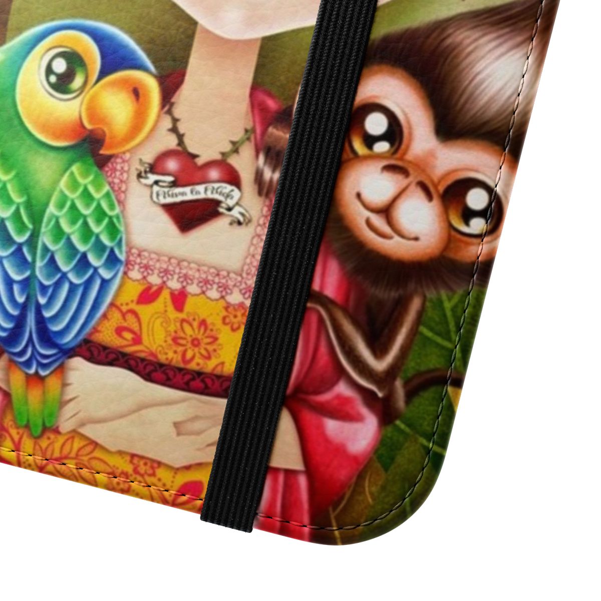 Vibrant Frida Kahlo-inspired phone case with floral, hummingbird, and butterfly design - Close Up