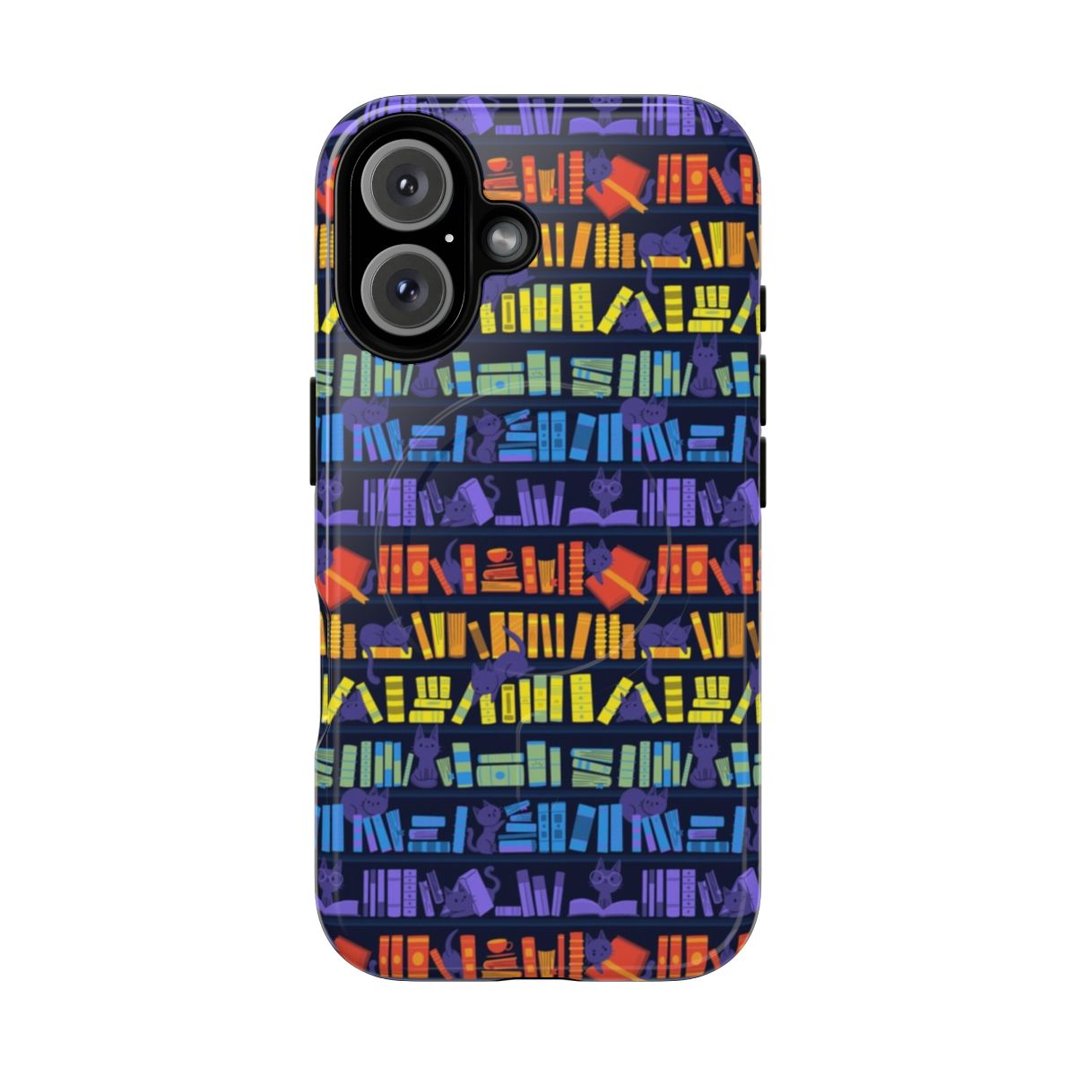 Vibrant illustration of kittens reading books in a library on a magnetic, protective phone case