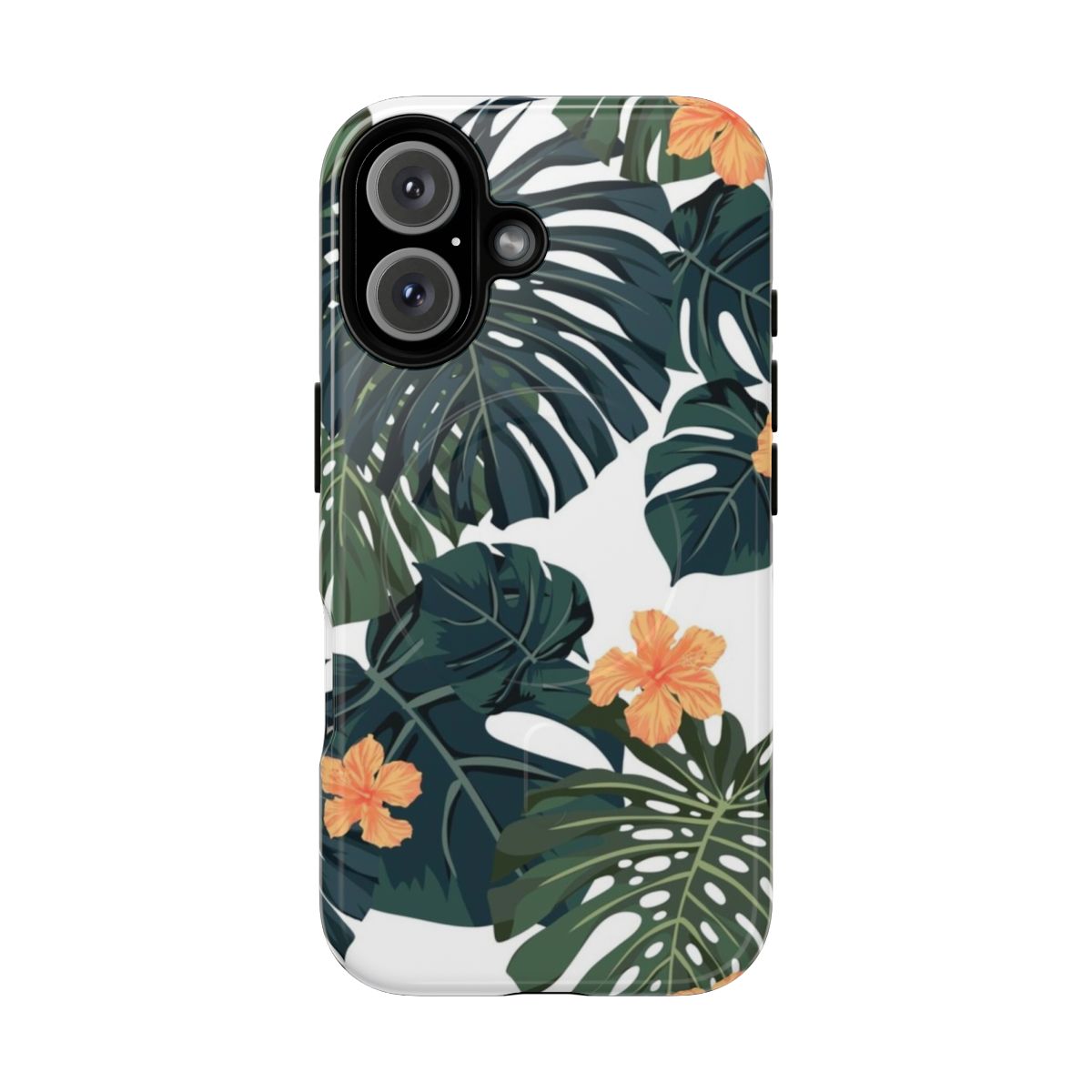 A tropical-inspired phone case featuring a vibrant botanical pattern with lush flowers and foliage.