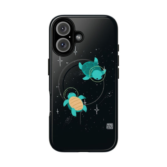 Space-themed phone case with a cute cartoon turtle floating among the stars