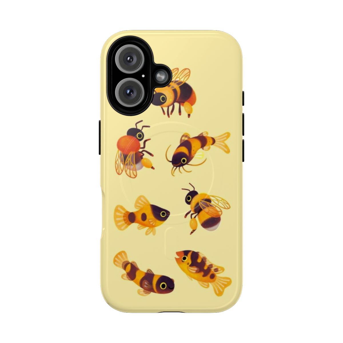 Bumblebee and fish design on a durable, magnetic phone case