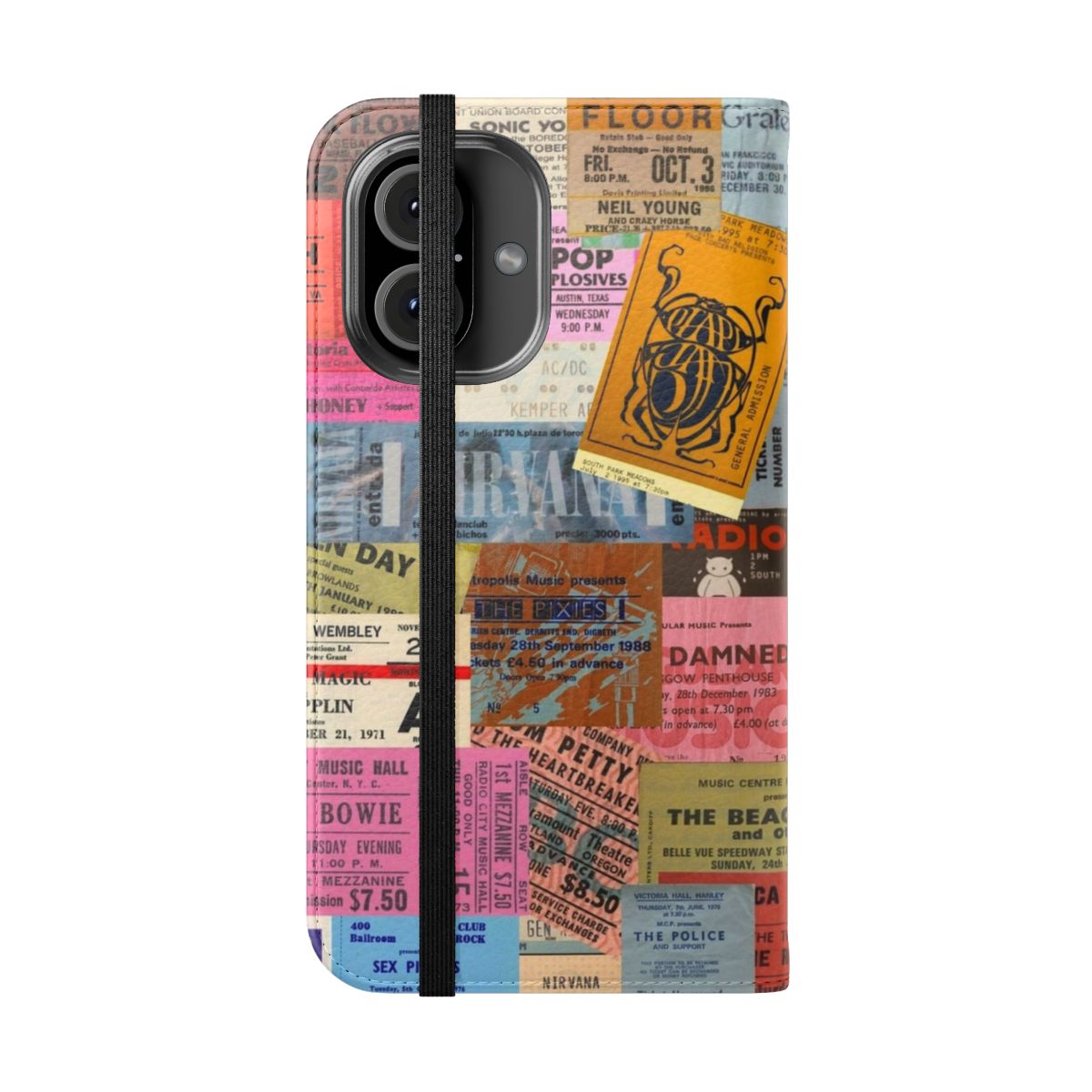 Vintage concert ticket stub phone case featuring a flip cover design. - Folded Front