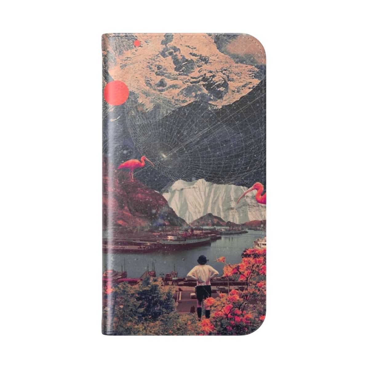 Flip cover phone case with surreal landscape design featuring mountains, flamingos, and a woman - Folded Back