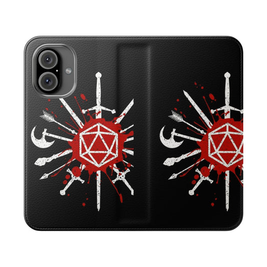 Fantasy-inspired flip phone case with dice, swords, and dragon design