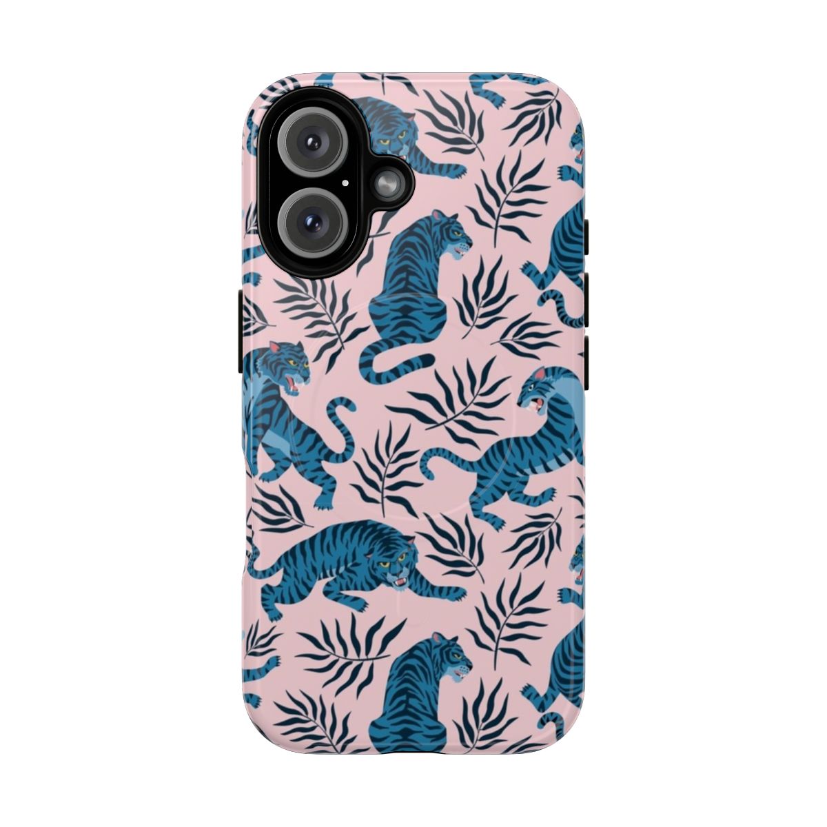 A cell phone case with a vibrant pattern of tropical leaves and asian tigers.