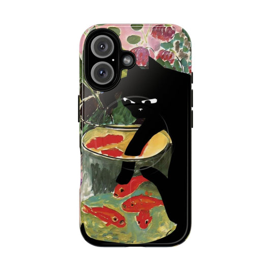 Vibrant phone case design featuring a goldfish bowl and mischievous black cat, inspired by the famous paintings of Henri Matisse.