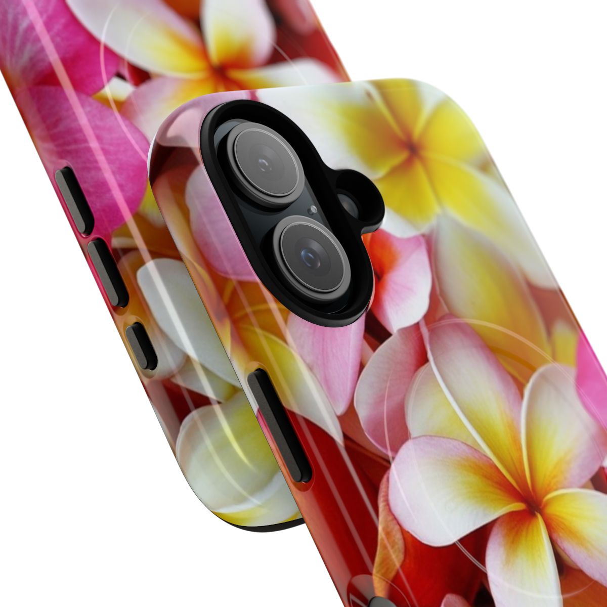 Closeup of a pink and white plumeria flower on a magnetic phone case. - Detail