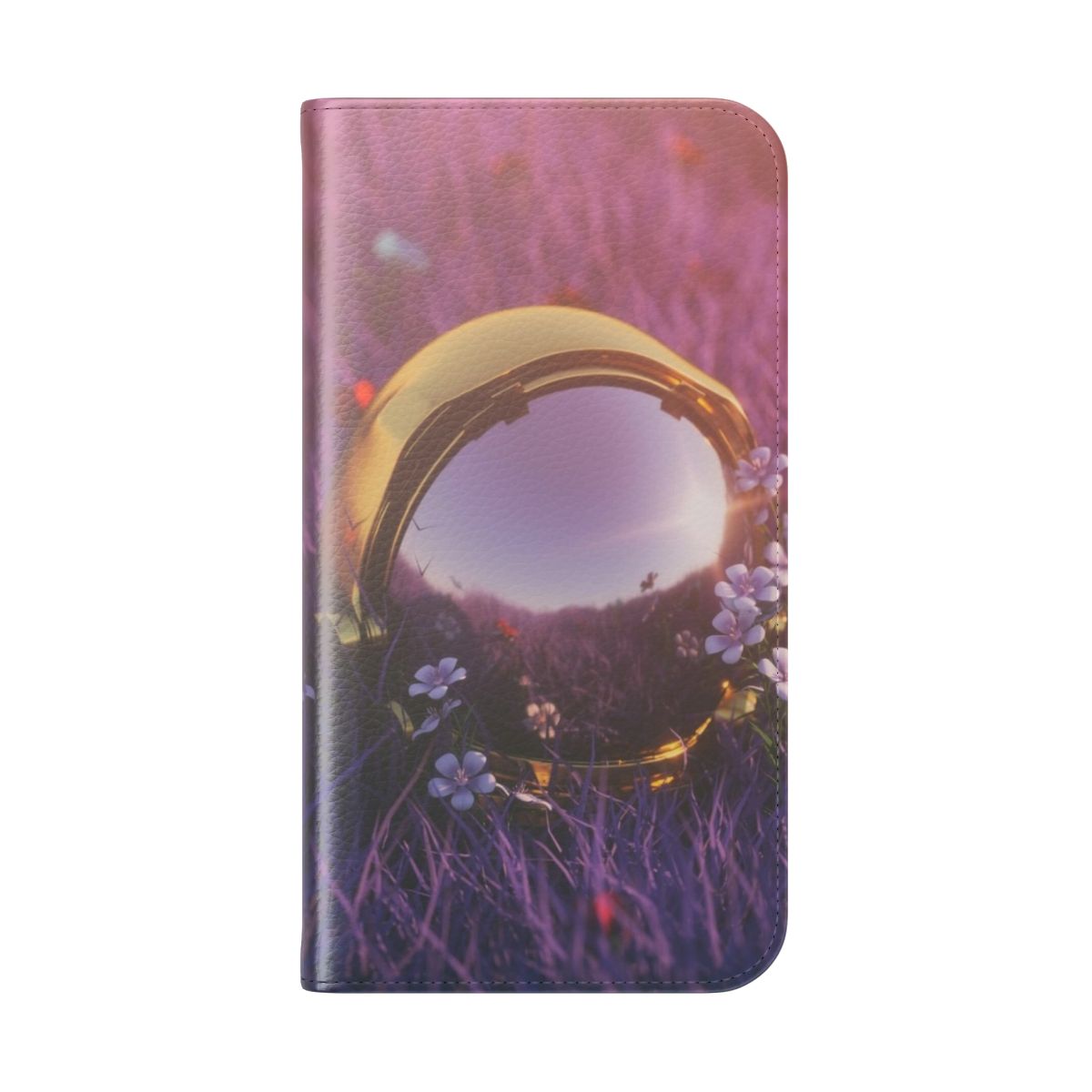 Trippy space-themed 3D rendered phone case with astronaut helmet, grass, and flowers - Folded Back