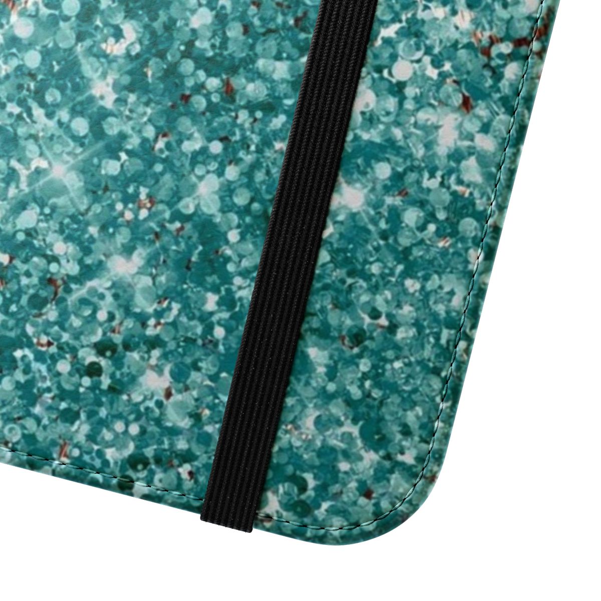 Turquoise, teal, and brown cowhide-patterned phone case with glittery accents - Close Up