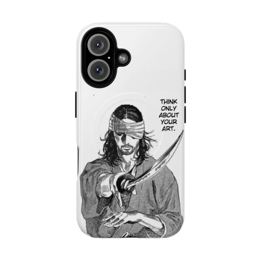 Miyamoto Musashi-inspired phone case with samurai sword and quote