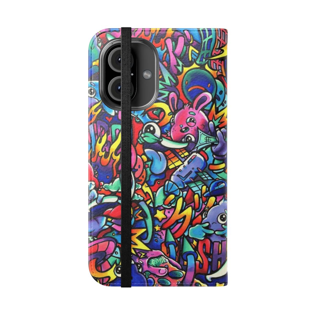 Vibrant copic marker doodle artwork in the style of Vexx on a phone case - Folded Front