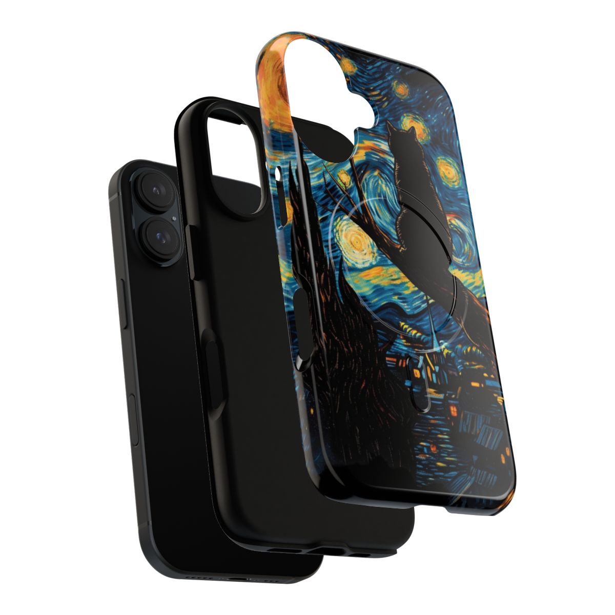 Magnetic tough phone case with a design inspired by Vincent Van Gogh's Starry Night and a black cat. - Layers