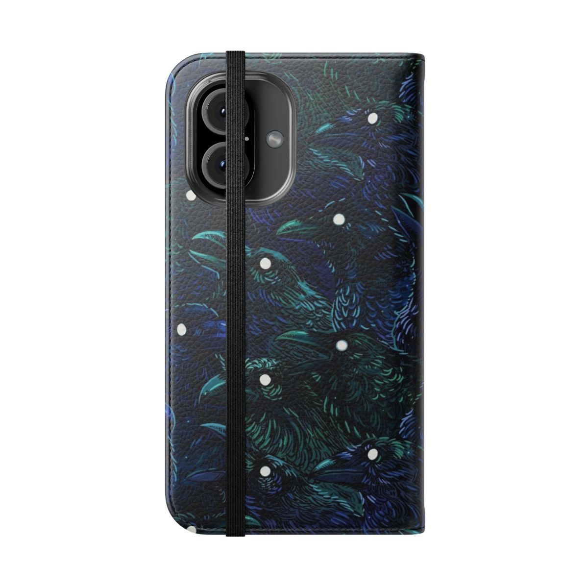 Ominous raven pattern phone case with a dark and mysterious design - Folded Front