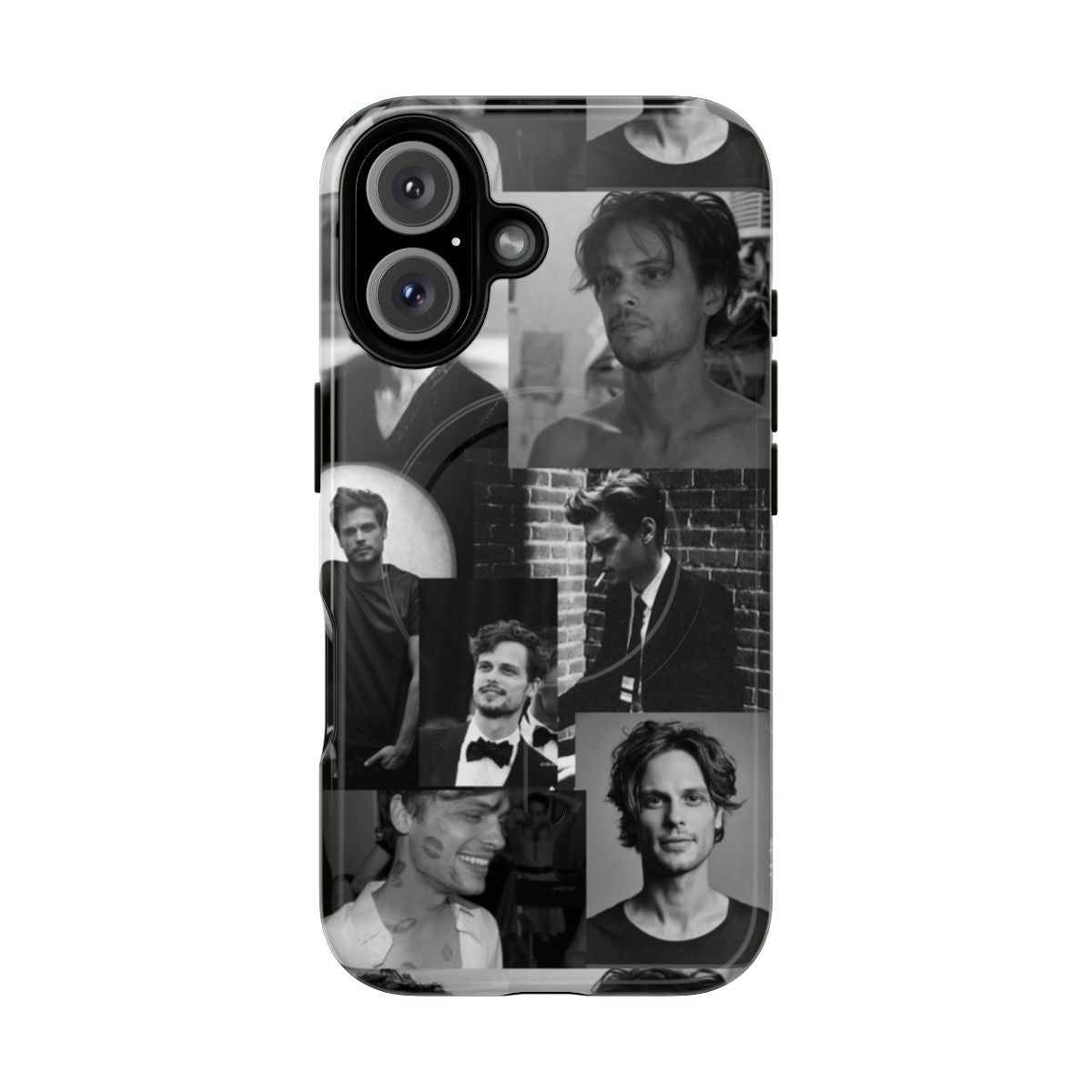 A black and white phone case featuring an illustration of actor Matthew Gray Gubler, known for his role as Spencer Reid on the TV show Criminal Minds.