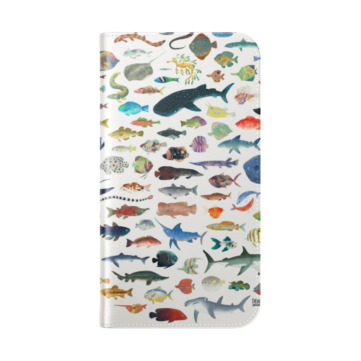 Colorful flip phone case featuring an array of marine creatures like sharks, whales, and fish. - Folded Back