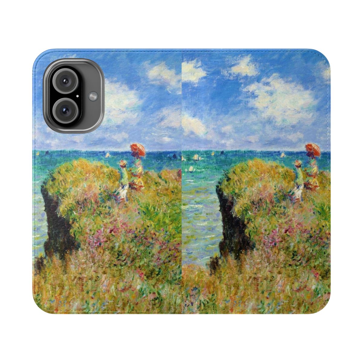 Flip cover phone case featuring Claude Monet's "Walk on the Cliff at Pourville" painting.