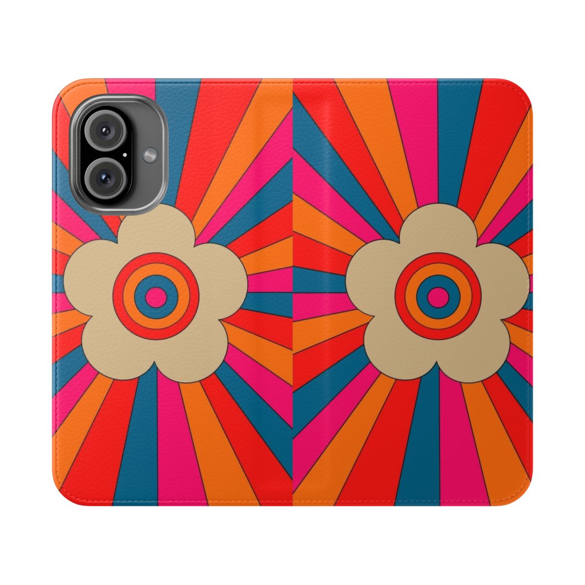 Vibrant retro floral pattern phone case with a 1960s flower power design