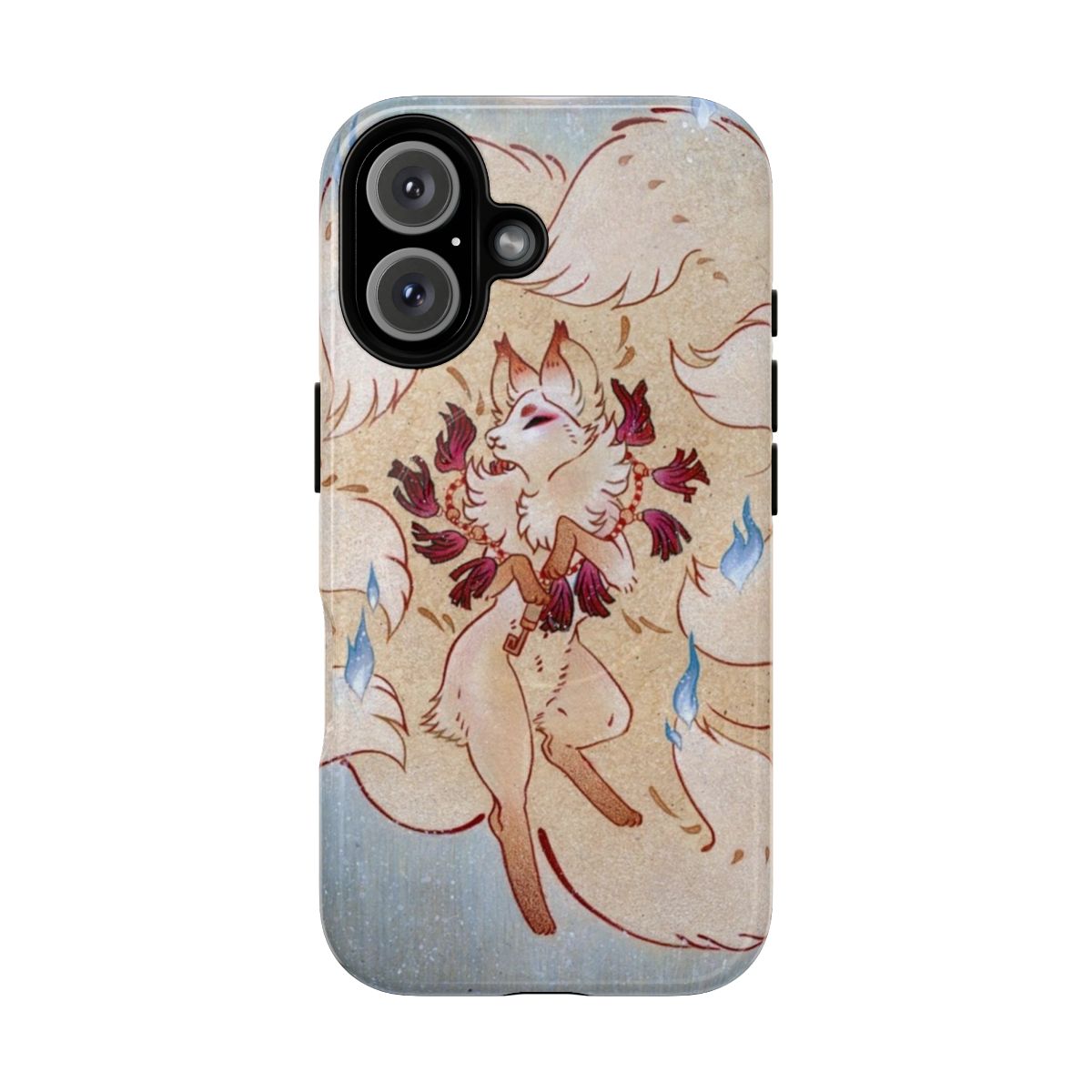 Artistic illustration of a tea fox, kitsune, or yokai with celestial and ethereal elements on a magnetic phone case.