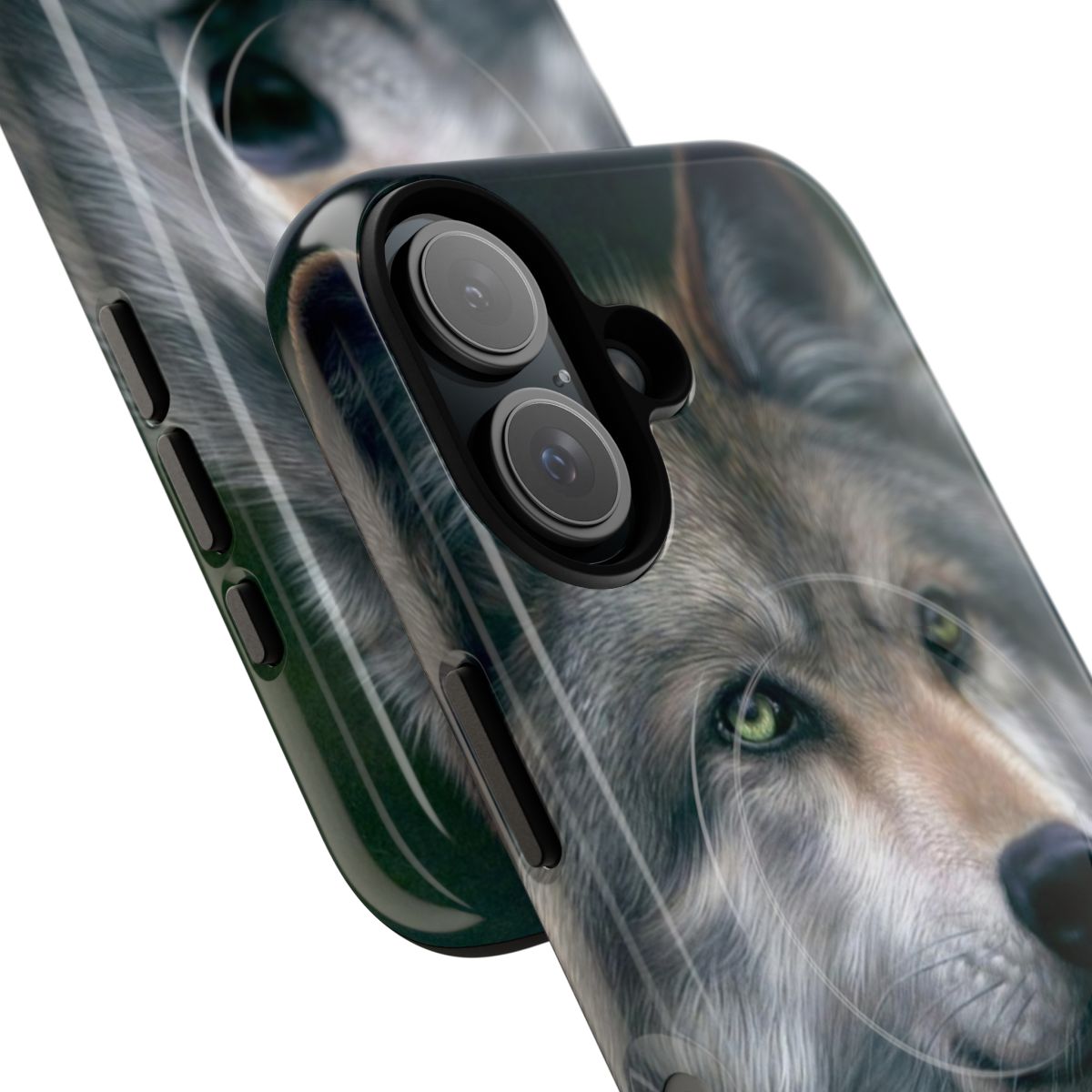 Closeup photo of a gray wolf design on a tough, magnetic phone case - Detail