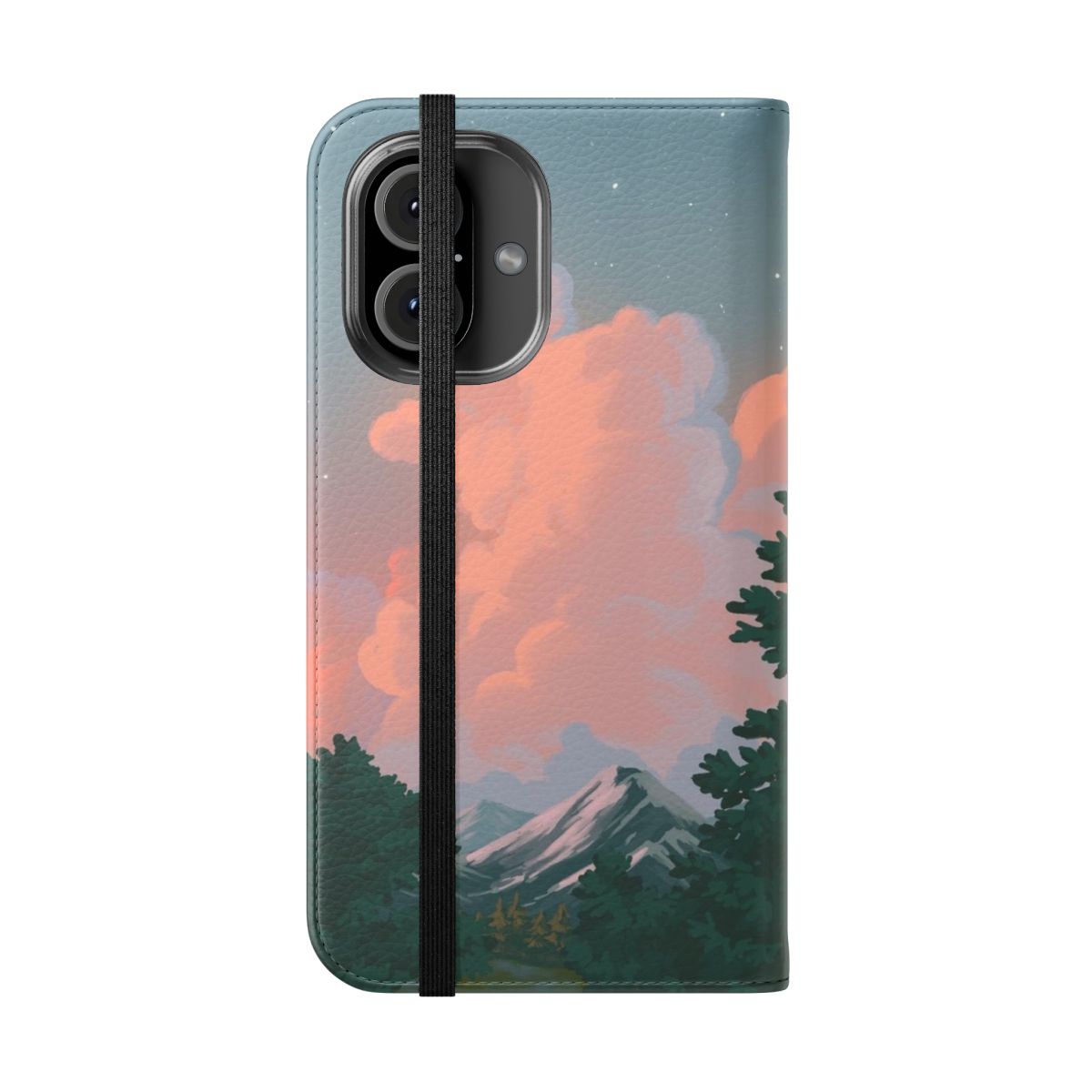 A phone case featuring a serene landscape with mountains, trees, and a sunset sky. - Folded Front