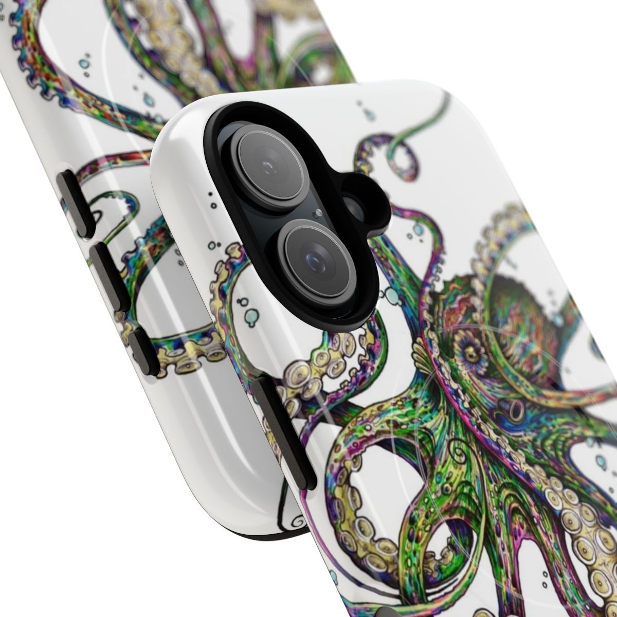 Vibrant and colorful octopus phone case with a psychedelic, neon underwater design - Detail