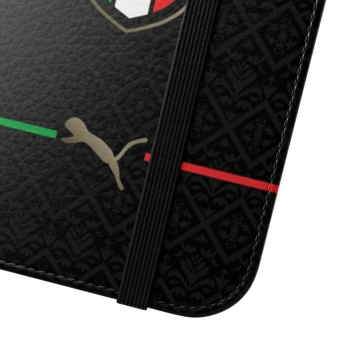 Black flip cover phone case with Italy, Italian, football, and soccer design - Close Up