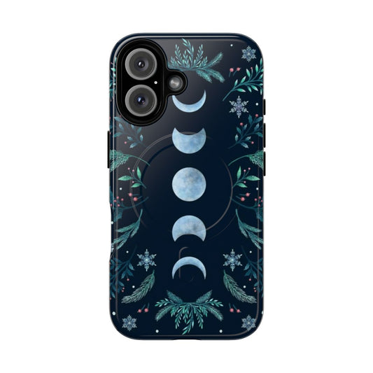 Teal and mint green phone case with a snowy, moonlit garden scene