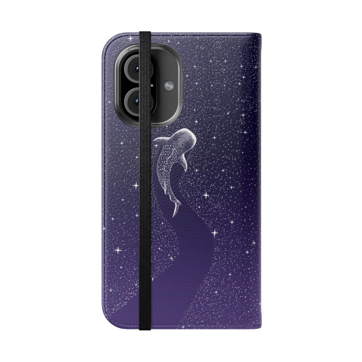 A flip cover phone case featuring a surreal, nature-inspired design with a whale shark swimming amidst a cosmic, starry space landscape. - Folded Front