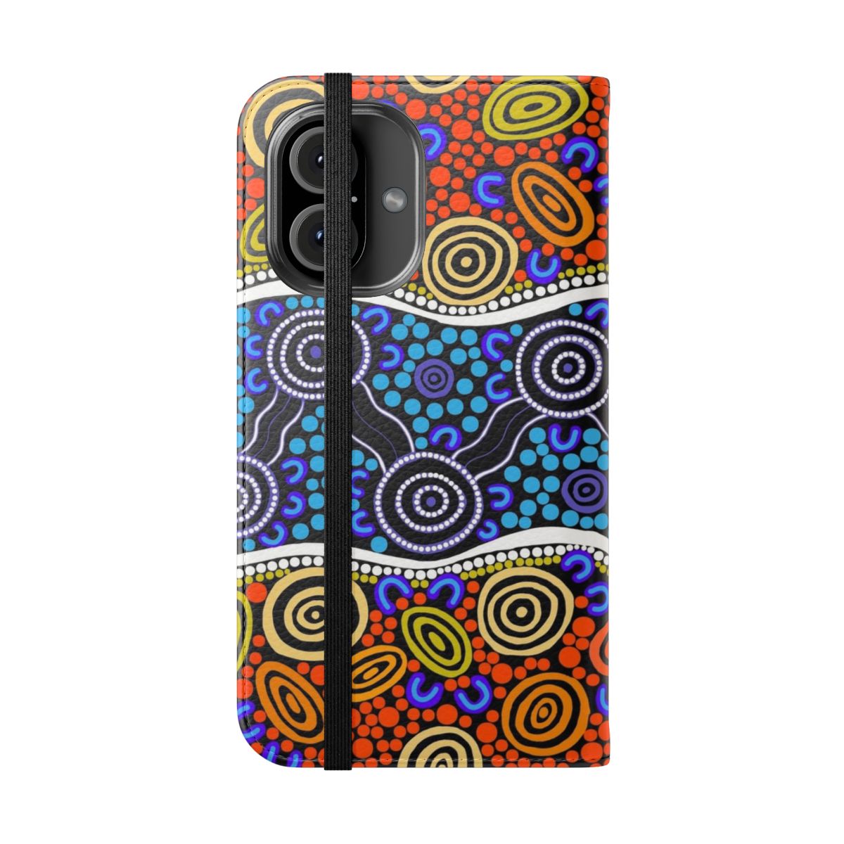 Vibrant phone case featuring authentic aboriginal-inspired dot art design with kangaroos and emus in blue and ochre colors. - Folded Front