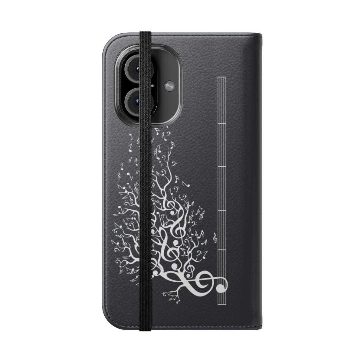 Flip cover phone case with a nature-inspired design featuring trees, music notes, and a retro aesthetic. - Folded Front