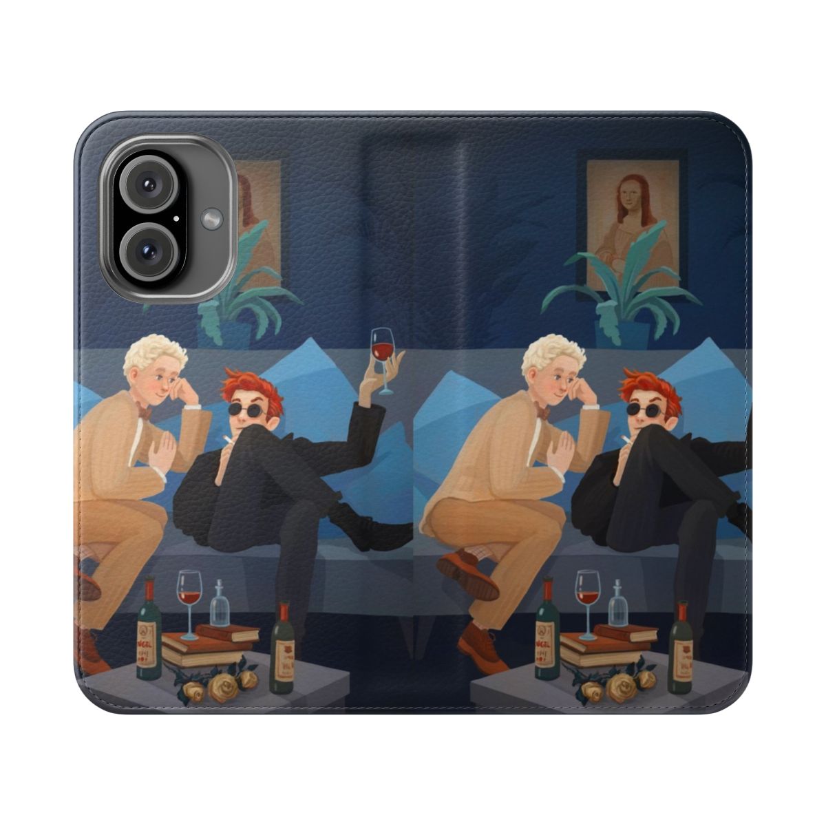 Vintage-style illustrated flip phone case featuring angel, demon, and romantic elements