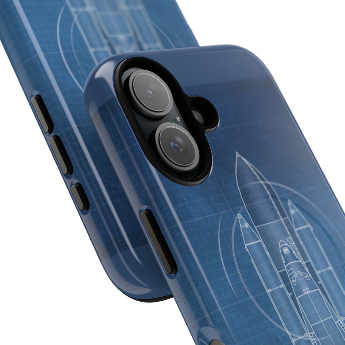 Detailed blueprint design of a space shuttle on a light blue background, featured on a magnetic tough phone case. - Detail