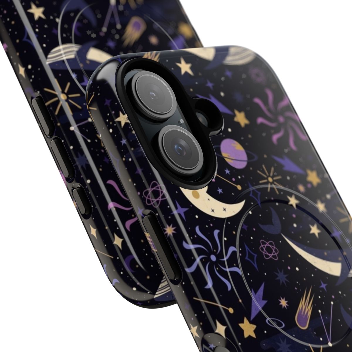 Close-up of a phone case with a design featuring whales, stars, and a cosmic space theme. - Detail