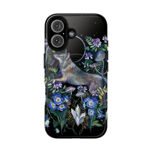 Close-up of a detailed moon wolf phone case with a mystical, nature-inspired design.