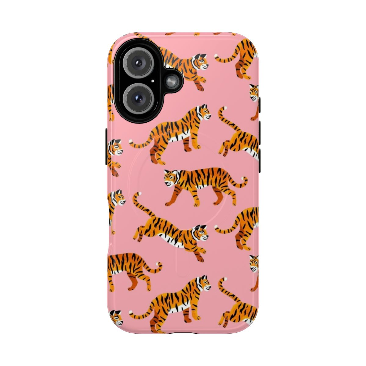 Soft pink phone case with a bold tiger pattern design