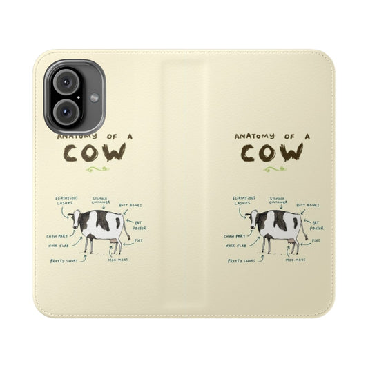 Whimsical flip phone case featuring a detailed cow illustration