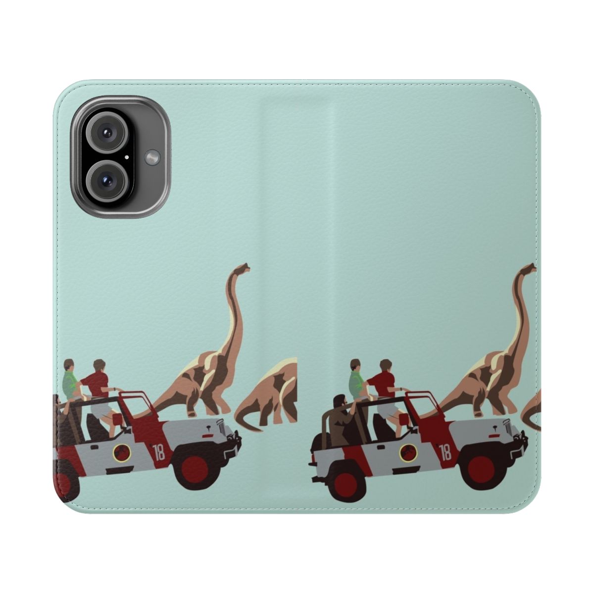 A flip phone case featuring a graphic design inspired by the Jurassic Park and Jurassic World movies, including vehicles and dinosaurs.