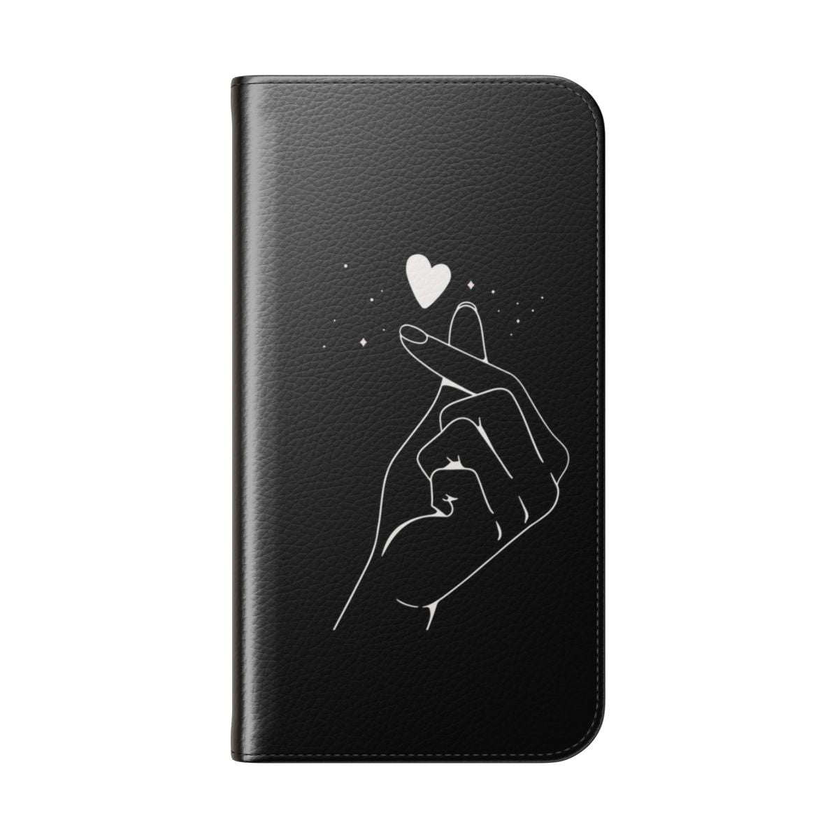 Finger Heart Flip Cover Phone Case in White and Black Colors - Folded Back