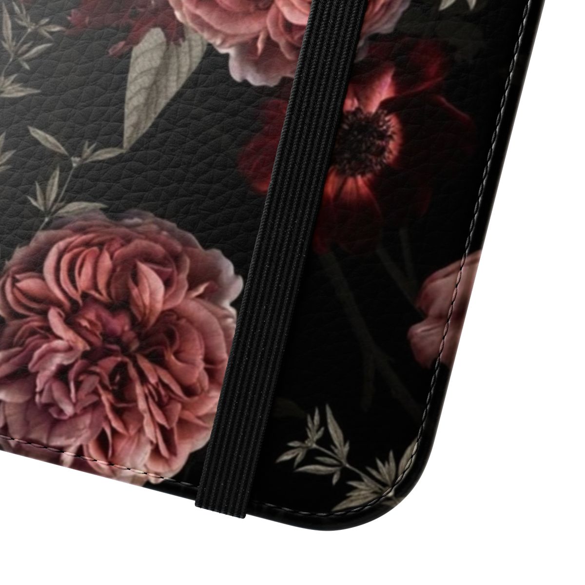 Vintage midnight botanical floral pattern phone case featuring roses and tulips in a lush garden design - Close Up