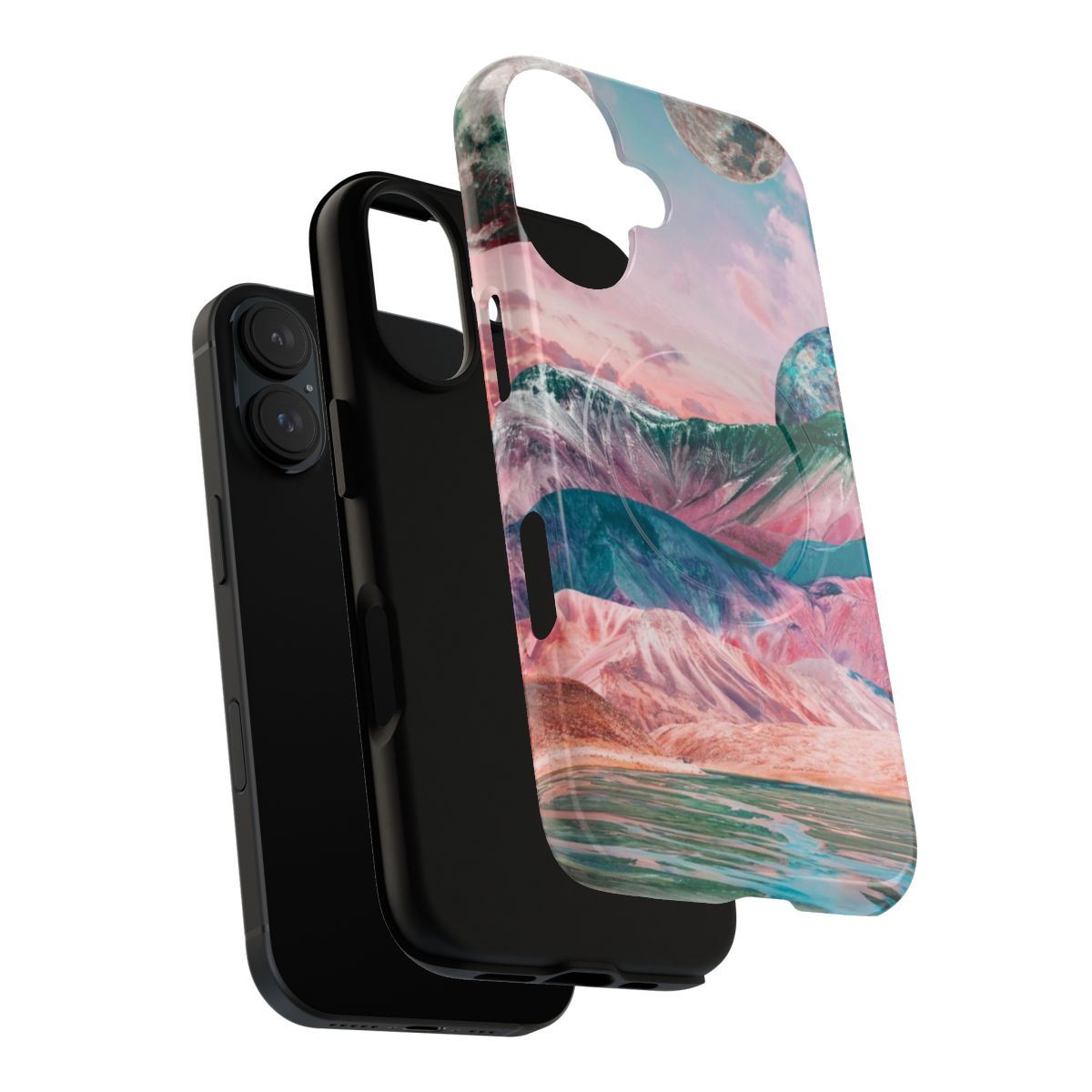 Colorful phone case with unique collage artwork featuring landscapes, galaxies, and other natural elements. - Layers