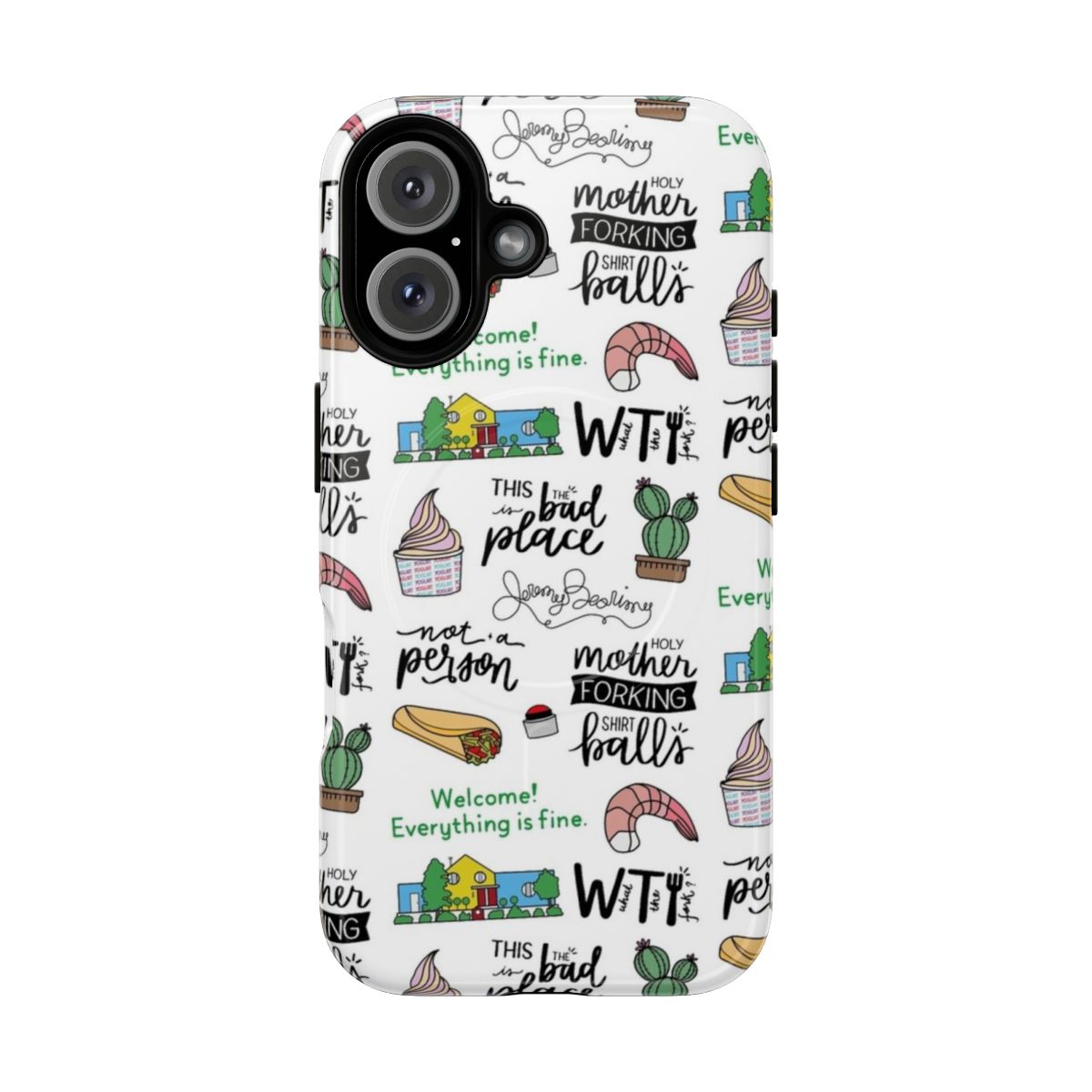 Magnetic tough phone case featuring artwork and designs inspired by the TV show The Good Place