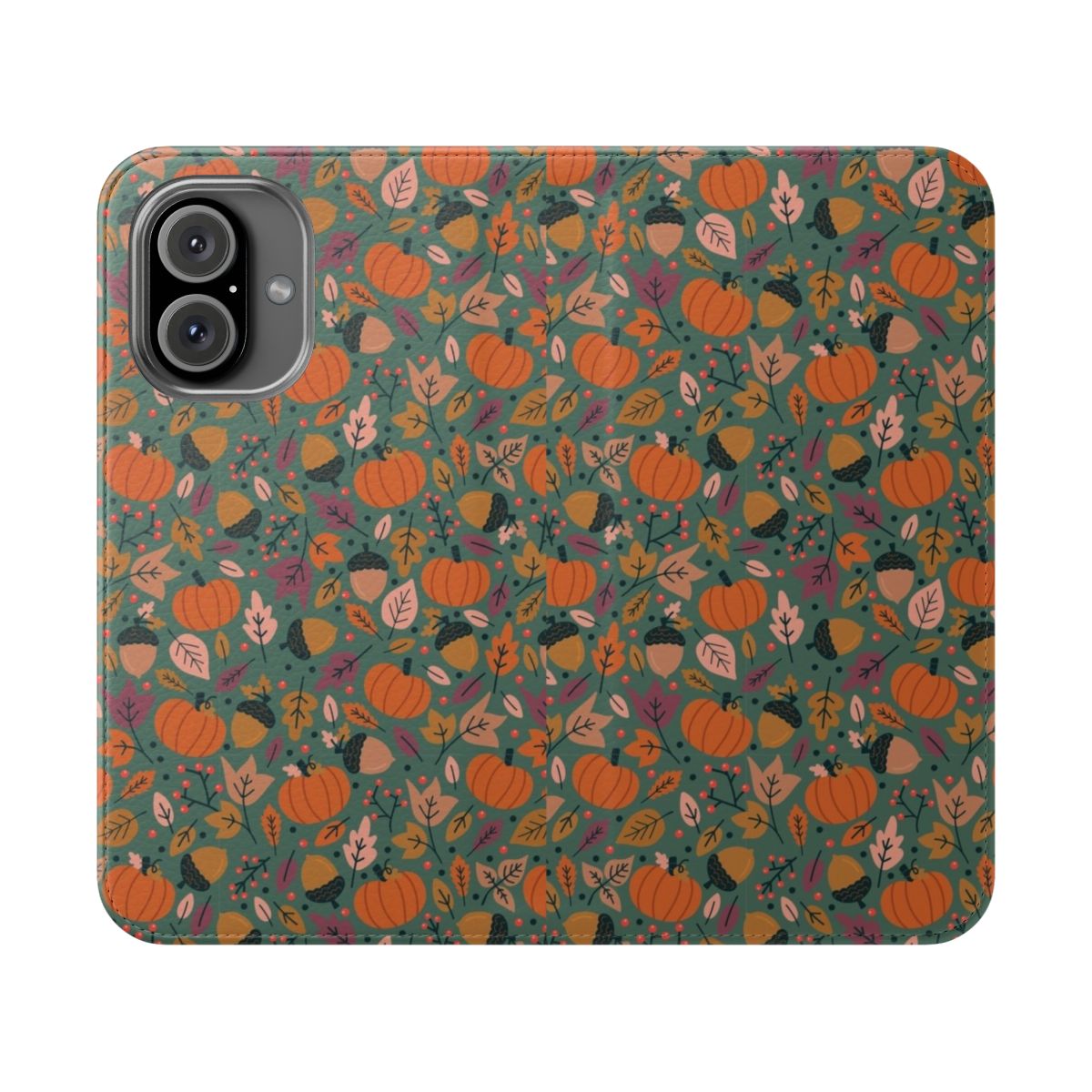 Autumnal pumpkin field phone case with fall foliage and cozy design